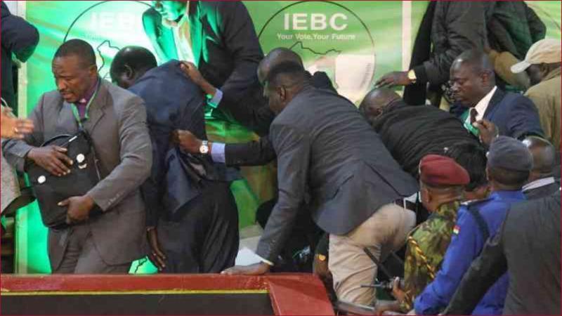Former IEBC Wafula Chebukati being whisked out of Bomas of Kenya after chaos.